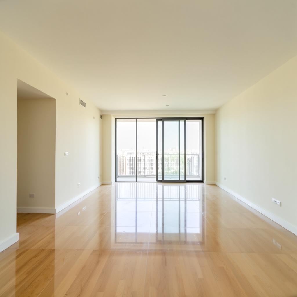 Empty newly constructed apartment with new flooring and sliding glass door