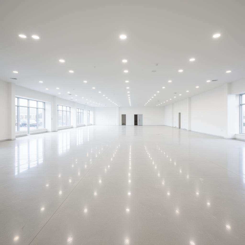Empty commercial building interior with open floor plan and new lighting