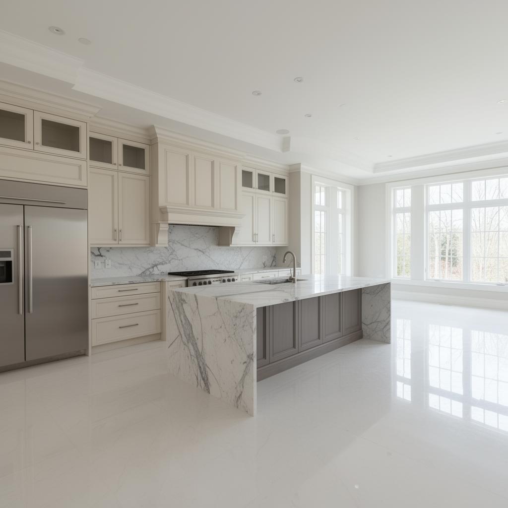 Large luxury home kitchen with gleaming clean floors and high-end finishes